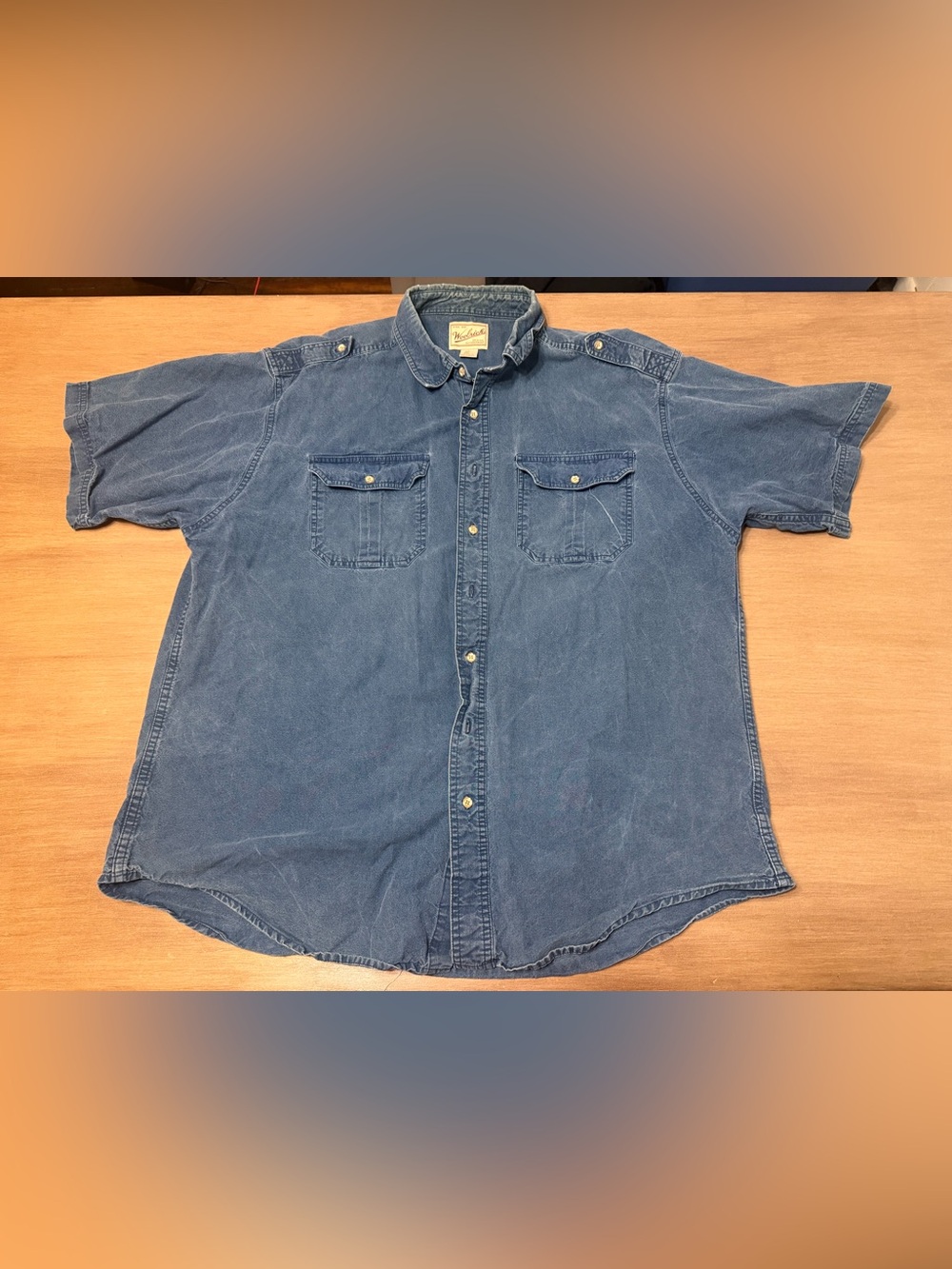 Vintage Woolrich Denim Shirt Mens 2XL Blue Short Sleeve Button Up Workwear